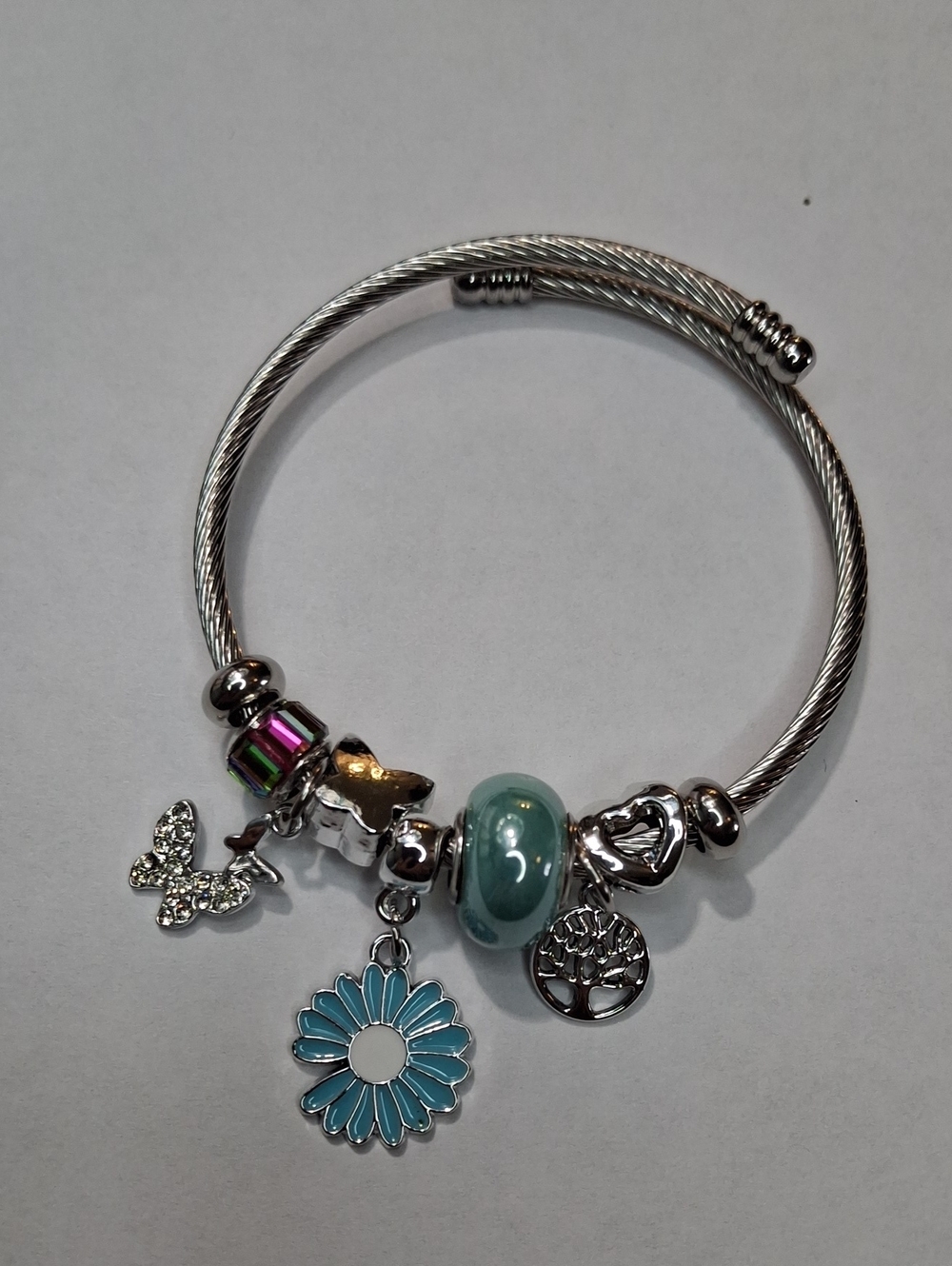 Stainless Steel Silver Cable Bracelet with Turqouise Beads & Charms